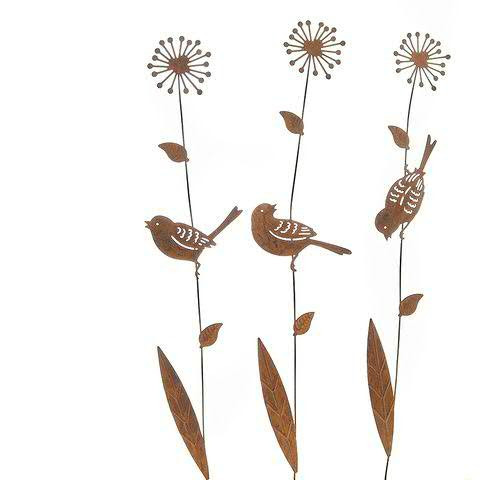 Blume Metall 9x46cm am Stab mit Vogel sortiert, rost
