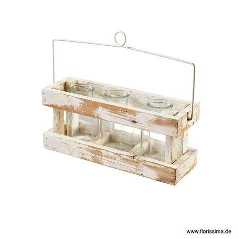 Kiste Holz SP 26x9x11,5cm 3 Glasflasch mit Metallhenkel H20cm, natur/weiß