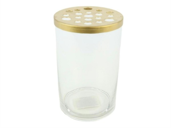 Glas Vase D8H10cm mit Deckel/Löcher, klar/gold