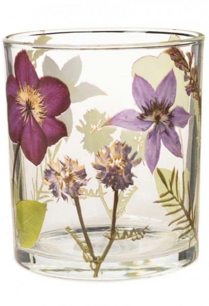 Glas Teelicht D9H10cm Blüten, klar/bunt