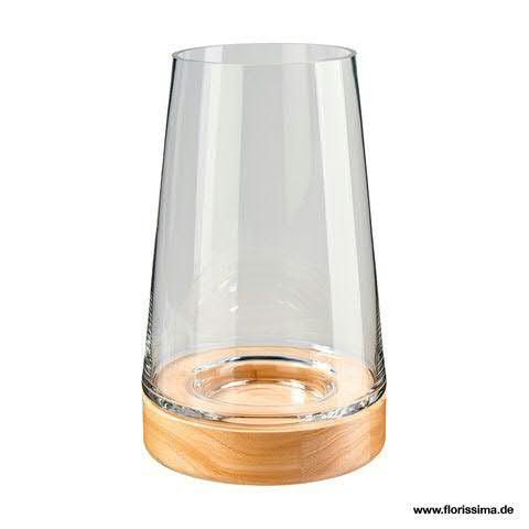 Glas Windlicht D17H27,5cm auf Holzfuß, klar/natur