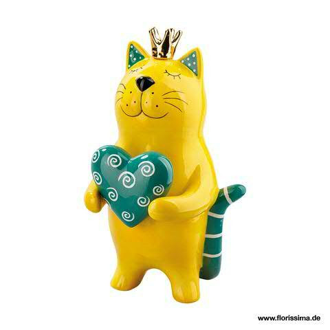 Katze SP Keramik 16x15,5x29cm mit Herz, gelb/grün