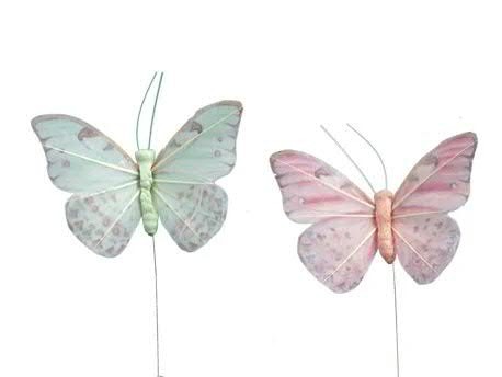 Schmetterling Feder 8x5x6cm 12St. am Draht, grün/pink