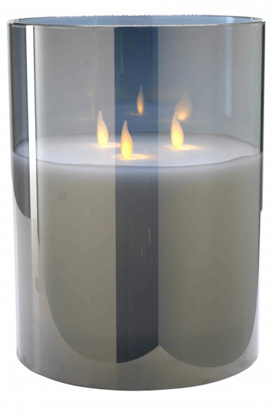 LED Kerze im Glas x3 D15H20cm Aktion mit Timer + Fernbedienung für Batterie, grau