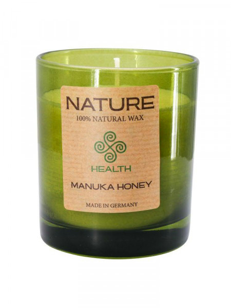 Duft Kerze SP H85/70mm Manuka Honey im Glas/ Brenndauer circa 25 Stunden, grün