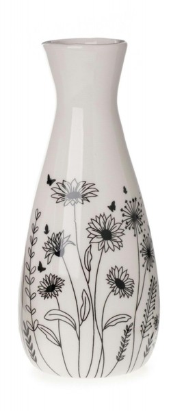 Vase Dolomit D7H16cm Blumen, weiß/schw
