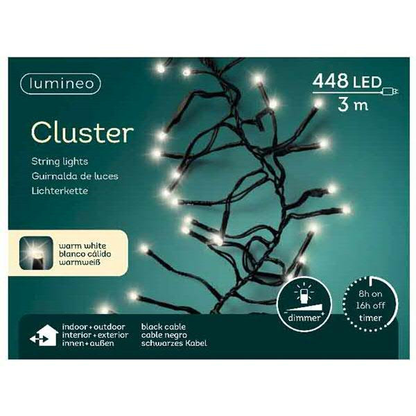Clusterlights 448LED 3m outdoor Kabel schwarz mit Timer + Dimmer, warm weiß