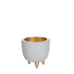 Kübel Zement D7,5H7,5cm auf Holzfüßen, weiß/gold